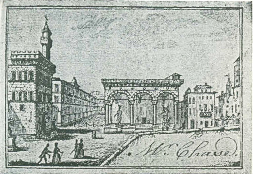 A visiting card, circa 1770-80, showing the Piazza Signoria, Florence. (Actual size)